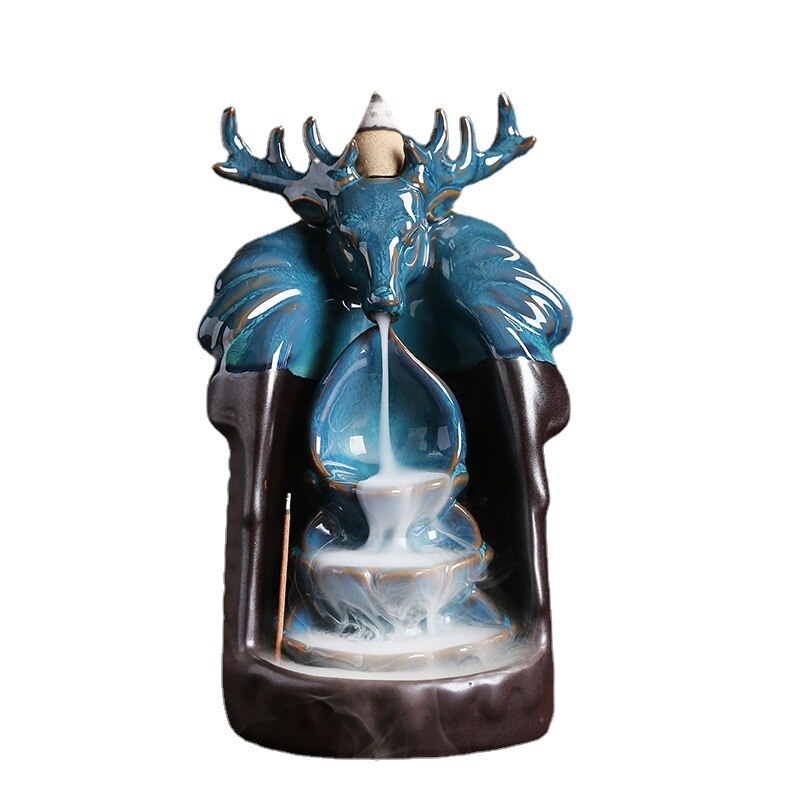 Blue Lucky Deer Ceramic Waterfall Backflow Incense Burner
