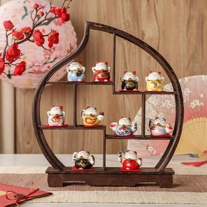 Lucky Cats with Wooden Rack