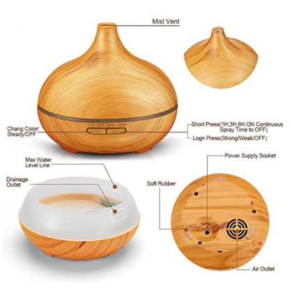 Wood Grain Aromacare Essential Oil Aroma LED Diffuser With Remote Control 550ml