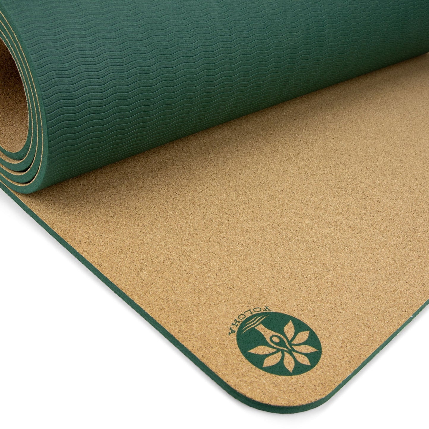 Two yoga mats, one green and one beige with a logo, on a white background.