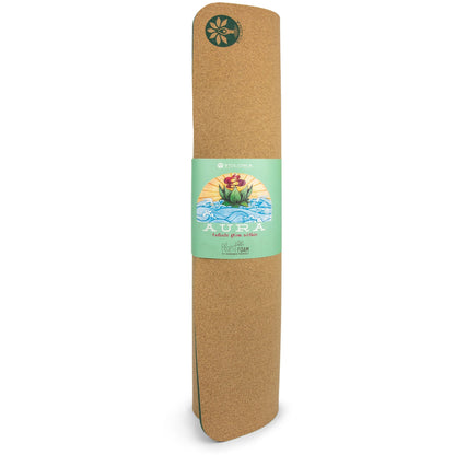 Cork yoga mat with a green label on a white background