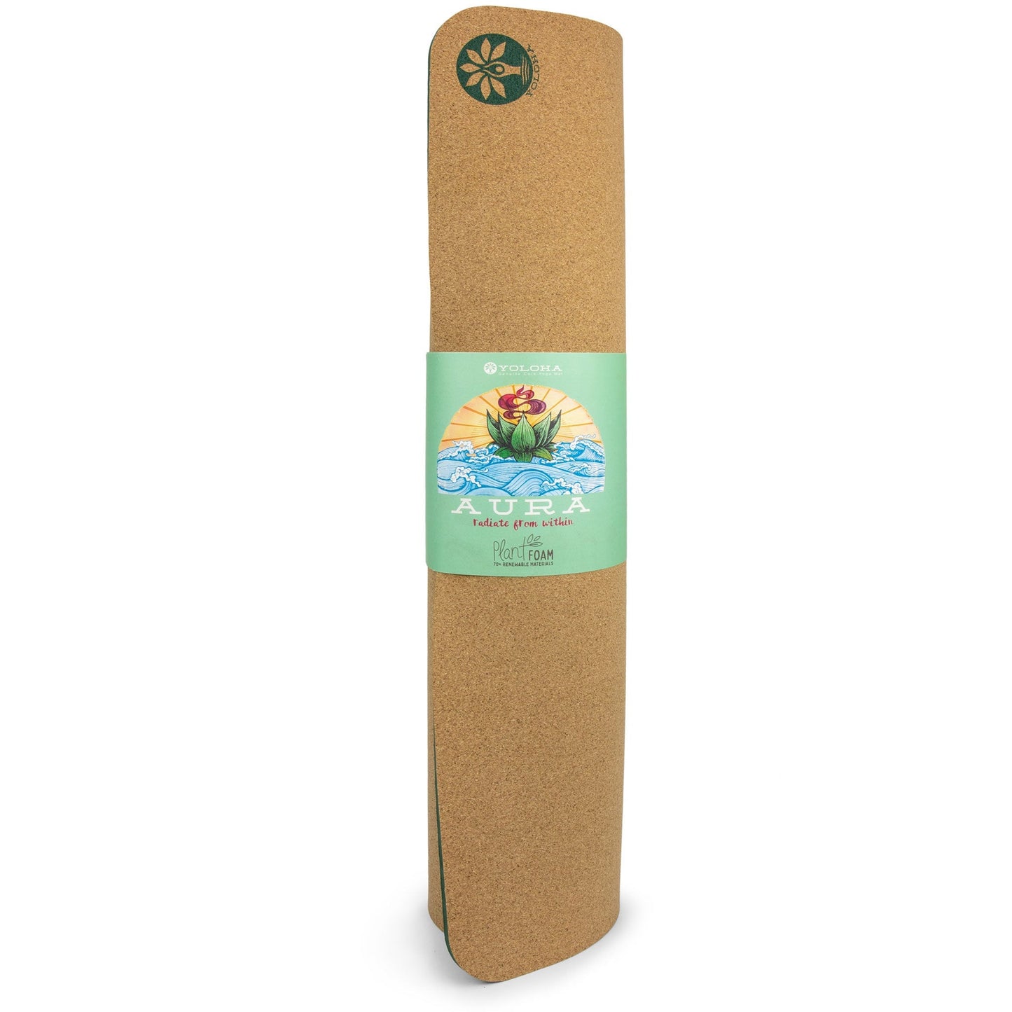 Cork yoga mat with a green label on a white background