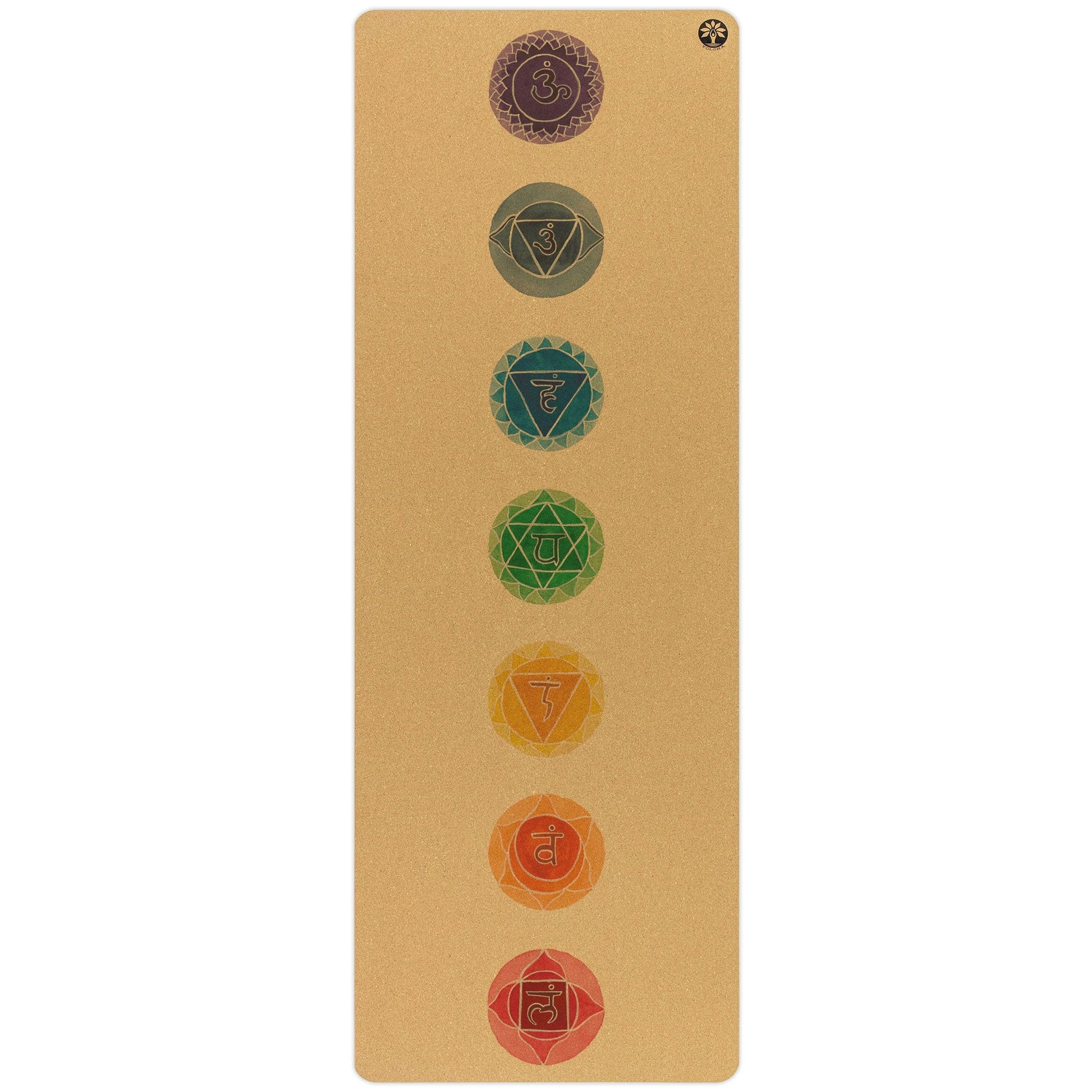 Yoga mat with chakra symbols on a beige background