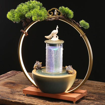 Lucky Pheasant Round LED Backflow Incense Burner With Flowing Water Fortune Fountain