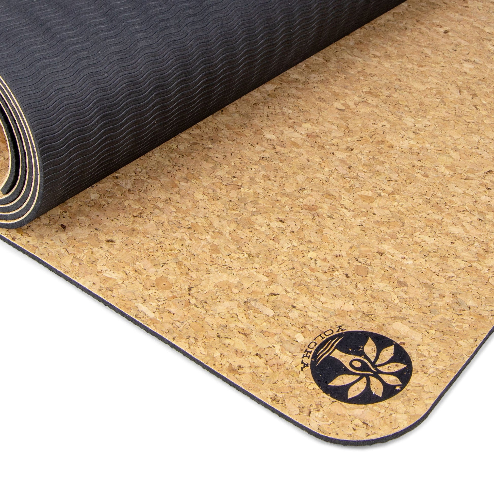 Cork yoga mat with a brand logo on a white background