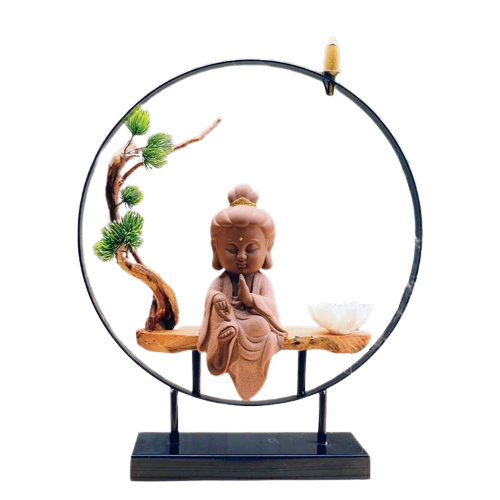 Sitting Buddha Round Big Backflow Incense Burner With Tree And Lotus Stick Holder