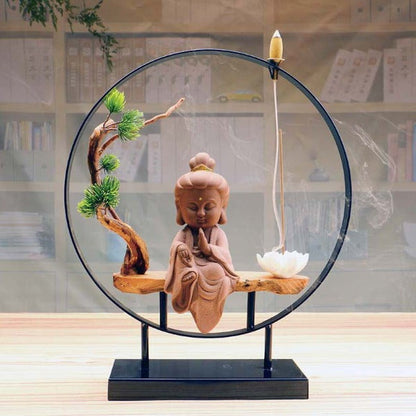 Sitting Buddha Round Big Backflow Incense Burner With Tree And Lotus Stick Holder