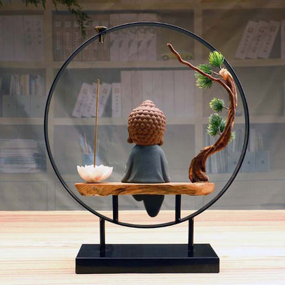 Sitting Buddha Round Big Backflow Incense Burner With Tree And Lotus Stick Holder