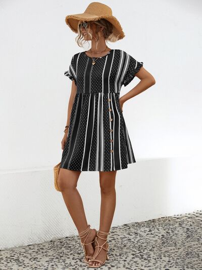 Striped Polka Dot Frill Short Sleeve Mini Dress