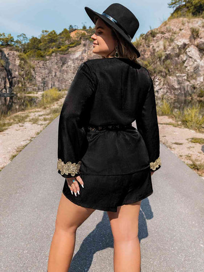 Plus Size Contrast Long Sleeve Top and Shorts Set