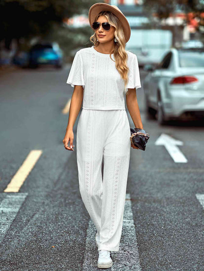 Textured Flutter Sleeve Top and Pants Set