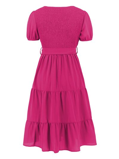 Smocked Tie Front Short Sleeve Tiered Dress