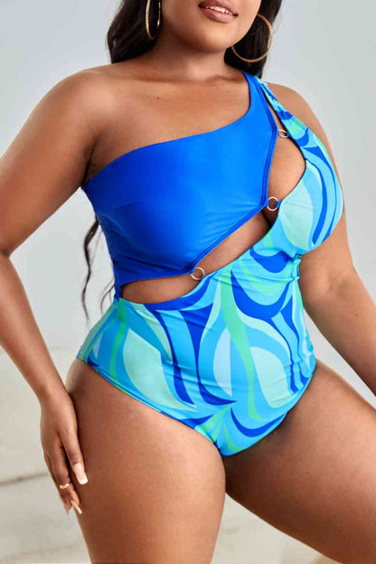 Plus Size Printed Ring Detail One-Shoulder One-Piece Swimsuit