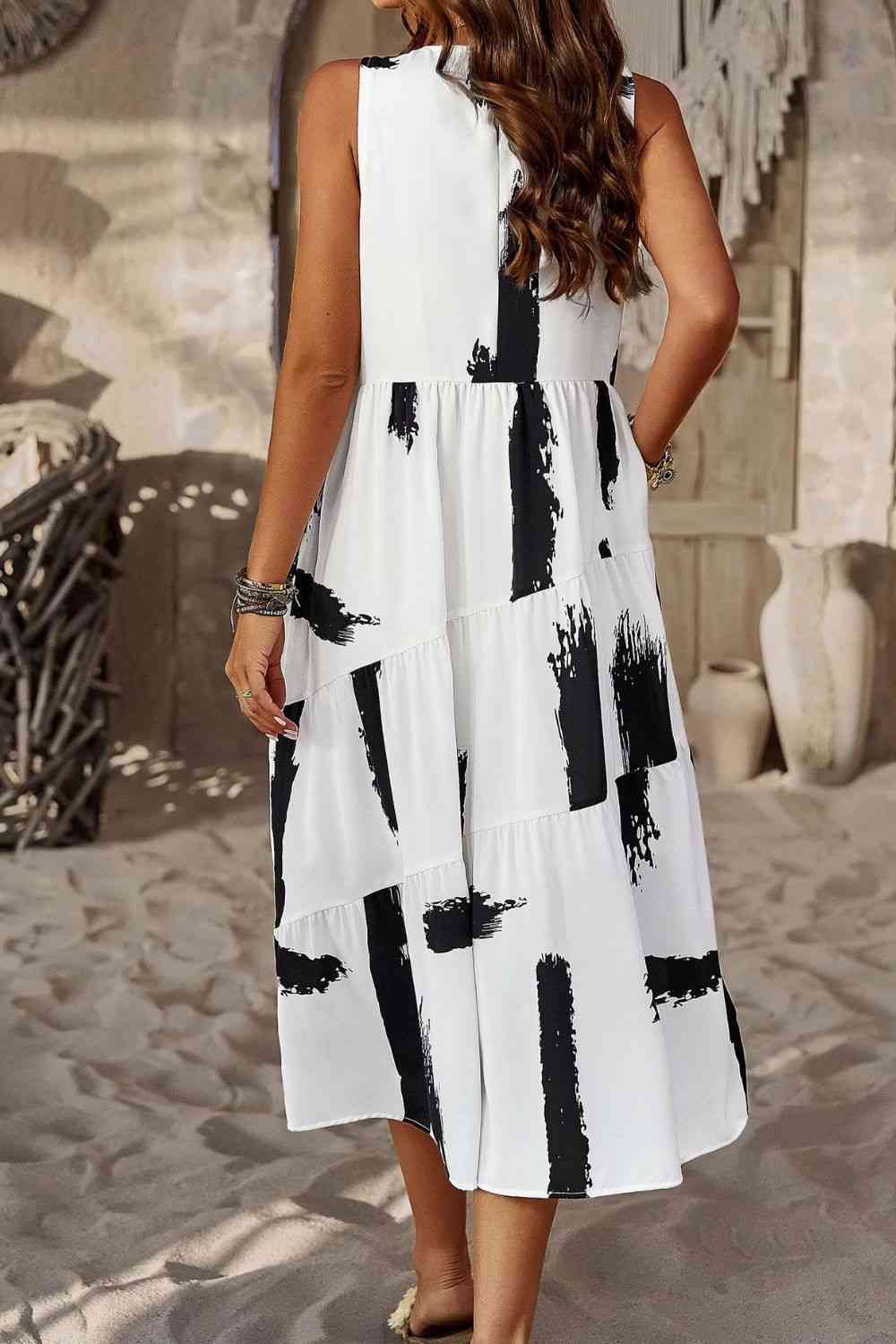 Printed Sleeveless Midi Dress with Pocket